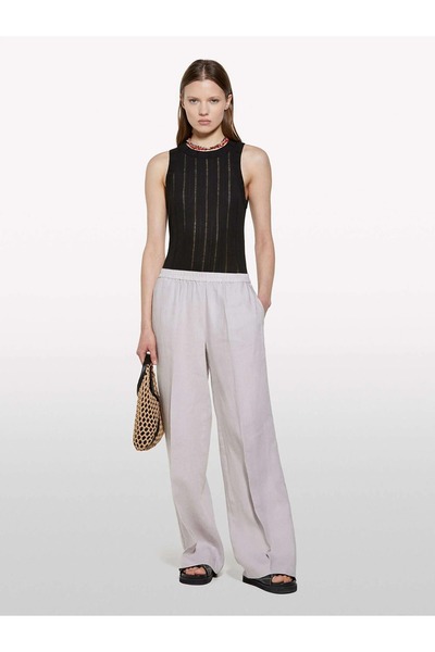 Sisley 100% Linen Elastic Waist Pleated Front Wide Leg Pants Women's Gray Tro...