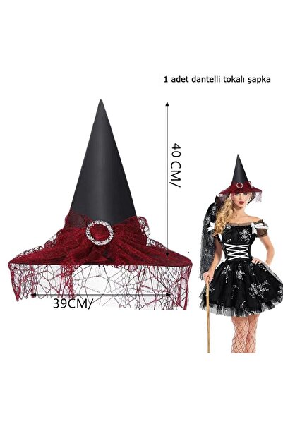 partidolu Halloween Sarkan Siyah Dantelli Cadı Şapkası Yetişkin Kırmızı Renk ...