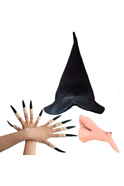 partidolu Yetişkin Kadife Cadı Şapkası Tırnak Burun Set Model 1 Halloween