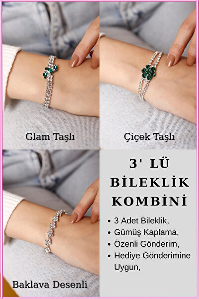 HUBANN Gümüş Kaplama Yeşil Taşlı Glam Su Yolu Bileklik