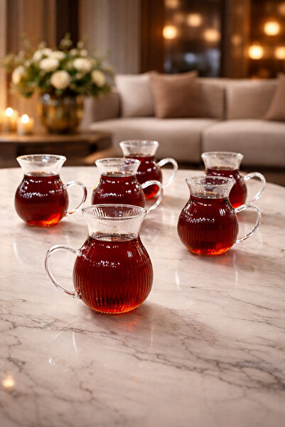 YzHome 6'lı Keyfi Ala Çizgili Borosilikat Cam Kulplu Çay Bardağı 220ml Bardak