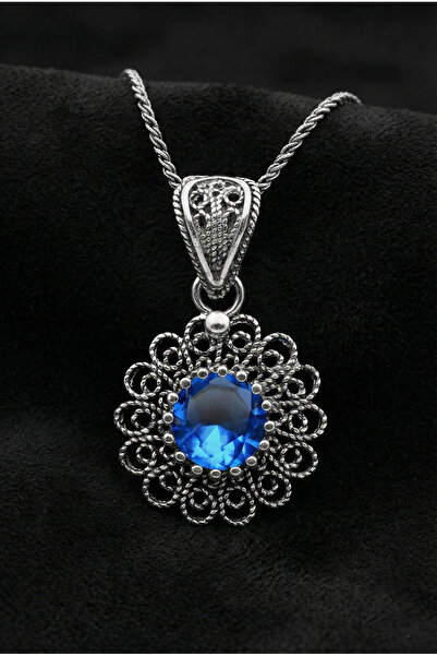Roza Silver Mart Akuamarin Doğum Taşı Çiçek Motifli Telkari Gümüş Kolye