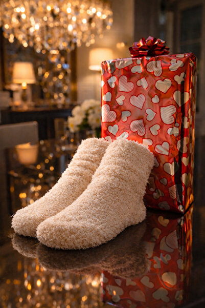 Perili Kadın Peluş Uyku Çorabı Bej-Termal Etkili Premium-Hediye Paketli-Extra...