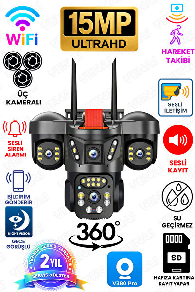 Venas 3 Kameralı Wifili Gece Görüşlü Su Geçirmez Hareket Sensörlü Güvenlik Ka...
