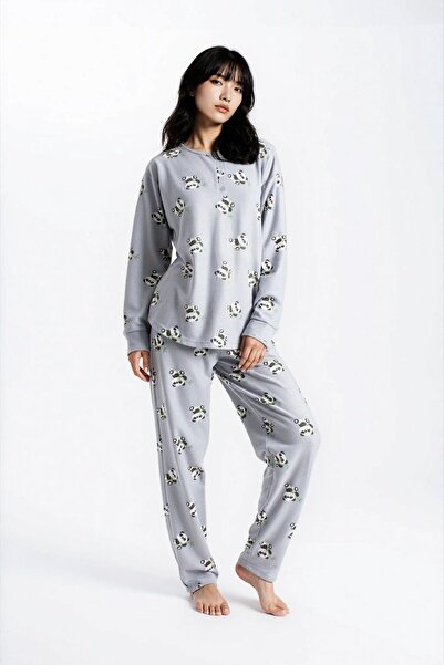 Ecrou Women's Gray Melange Waffle Panda Kingdom Patterned Long Sleeve Pants P...