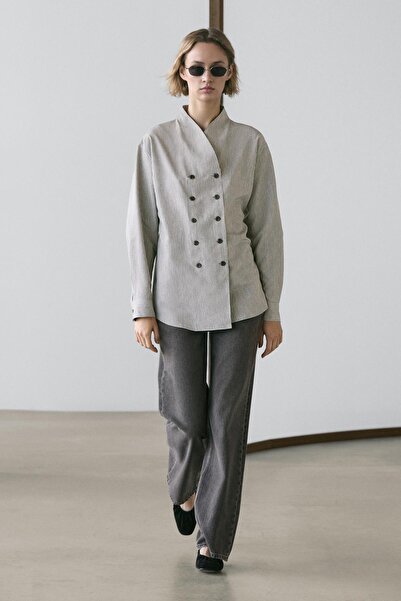 Massimo Dutti Düğme detaylı çizgili dökümlü gömlek