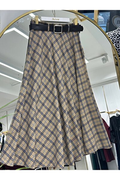 She Olive Plaid Patterned Full-Length Belted Cashmere Skirt / Stylish and Com...
