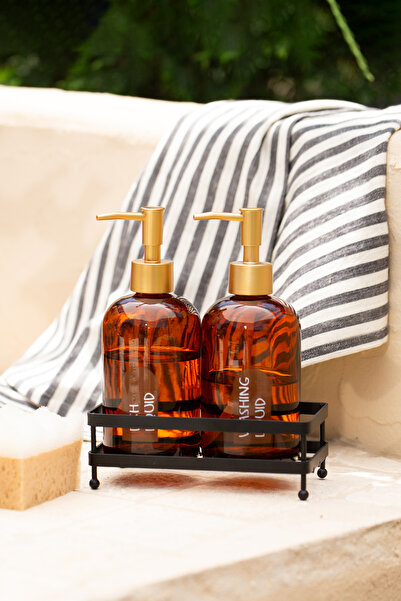 Rakle Neo Siyah Metal Kare Stantlı 2'li Sıvı Sabunluk Seti Amber 420 cc