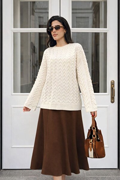 Nopen Knitwear سترة نسائية محبوكة منقوشة - أكمام بوم بوم