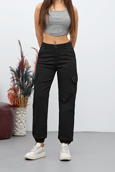 BİKELİFE Schwarze Hose aus Gabardine-Stoff mit Cargotaschen