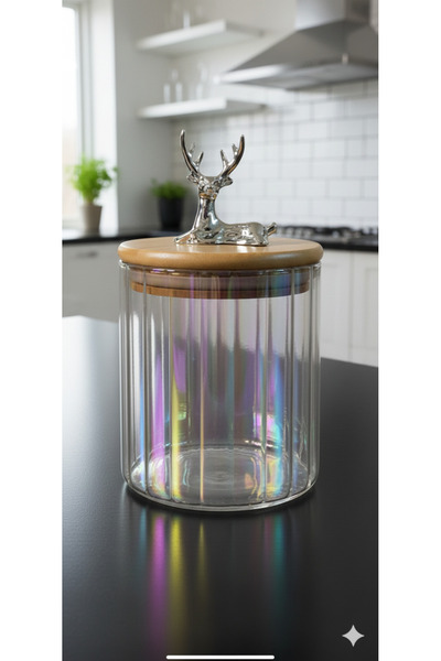 Yenigeldi (9x10 CM) 1 Adet 600 ml Gökkuşağı Geyikli Cam Saklama Kavanozu Geyi...