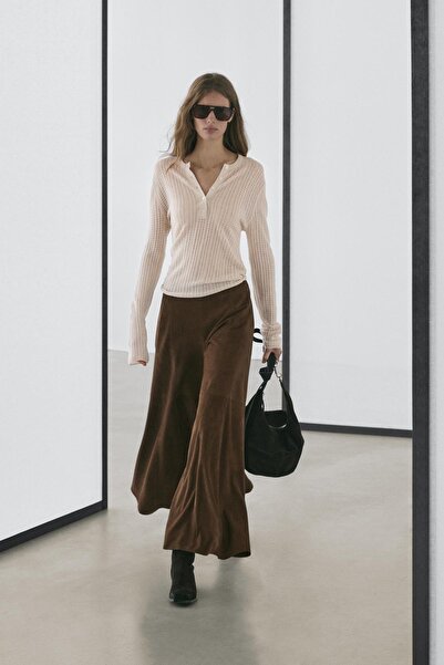 Massimo Dutti Yünlü ajurlu düğmeli yaka triko kazak