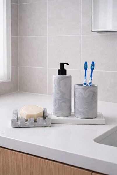 avake home 5 Parça Mermer Görünümlü Beton Banyo Seti Katı Sıvı Sabunluk Diş F...