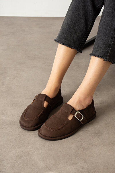 Zintra Kadın Süet Tokalı Babet Vizon Renk Önü Kapalı Günlük Ayakkabı Rahat Ko...