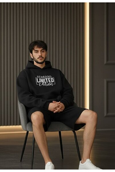 REBRAND Fleece-Lined Sweatpants Shorts Set Printed Oversized Hooded Sweatshir...