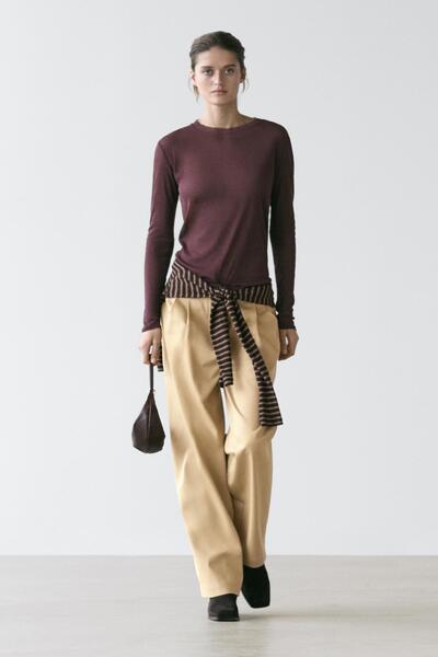 Massimo Dutti Yaka detaylı %100 pamuk yarı transparan tişört