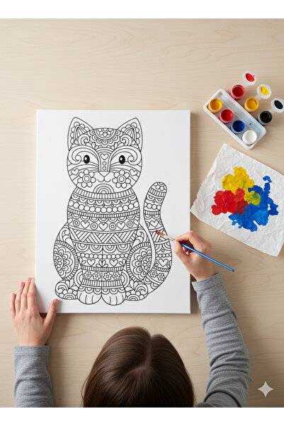 dudugift 25x35 Resimli Tuval Boyama Seti- Kedi1-6 renk akrilik boya ve 2 fırç...