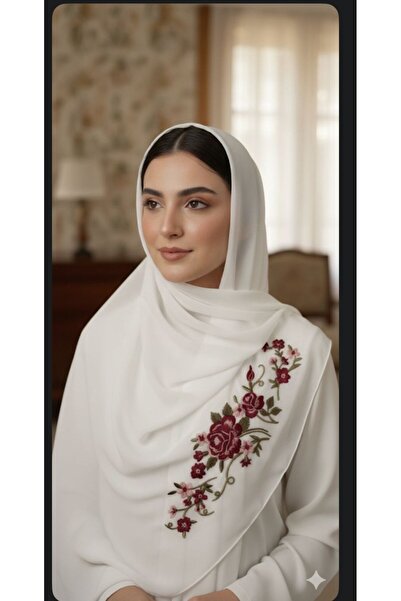 Veil Designer طرحة بوال بقماش ياباني تطريز تركيا بارز يدوي أحمر بارز لون أبيض...