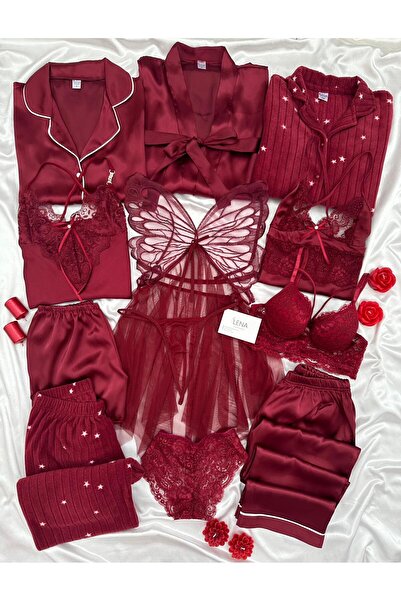 Lena Homewears طقم ملابس نوم عملاقة من الساتان مكونة من 12 قطعة باللون العناب...