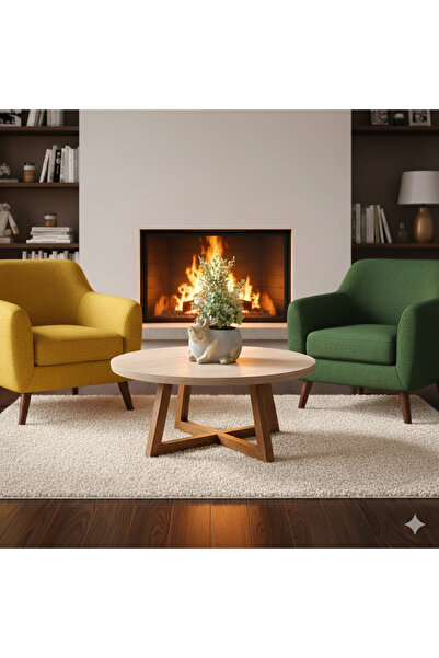 Carpinus Modern Orta Sehpa,Traverten Yuvarlak Tabla, Ahşap Ayaklı Salon Sehpası