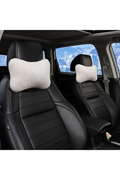 2Pcs Plush Auto Neck Pillow Bead fiber Filled Travel Neck Pillow White Plush