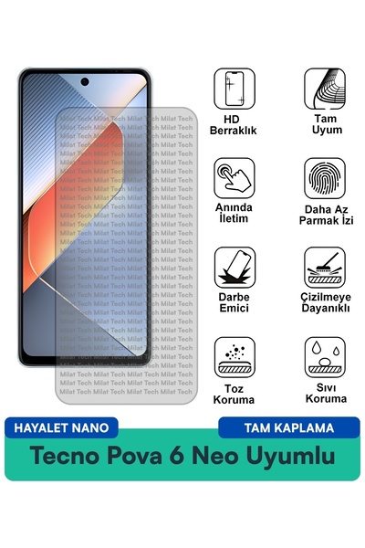 Milat Tech فيلم حماية الشاشة Tecno Pova 6 Neo Hayalet Nano مقاوم للخدوش والصدمات