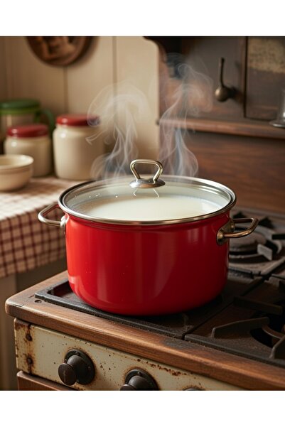 EBRULİEMAYE وعاء عميق من المينا الأحمر سعة 5.75 لتر بقطر 26 سم لطهي الحليب وا...