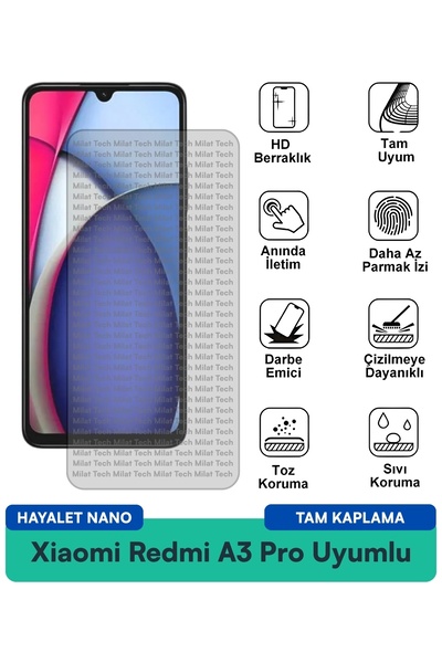 Milat Tech طبقة حماية للشاشة من Xiaomi Redmi A3 Pro Hayalet Nano مقاومة للخدو...