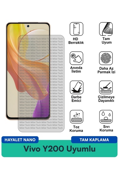 Milat Tech فيلم حماية الشاشة Vivo Y200 Hayalet Nano لا يترك بصمات الأصابع