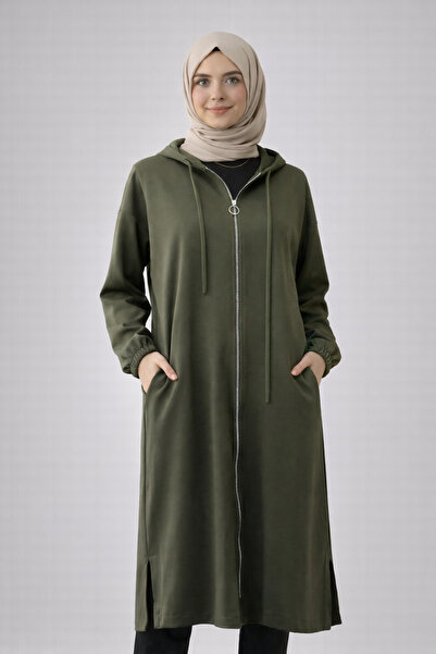 Nirva Butik Haki Modal Kumaş Kapşonlu Fermuarlı Kap Hırka