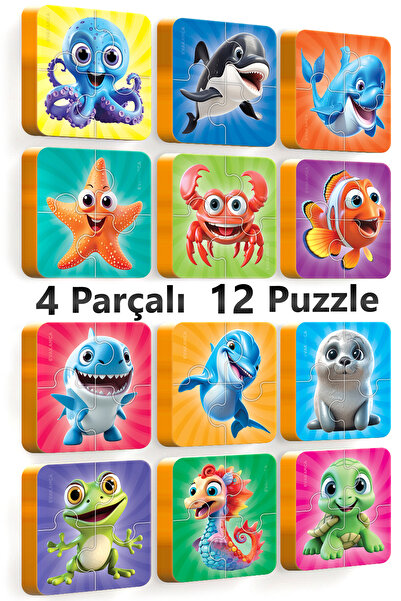 EVAKANCA 4 Parçalı 12 Adet Deniz Hayvanları Kalın Yapboz