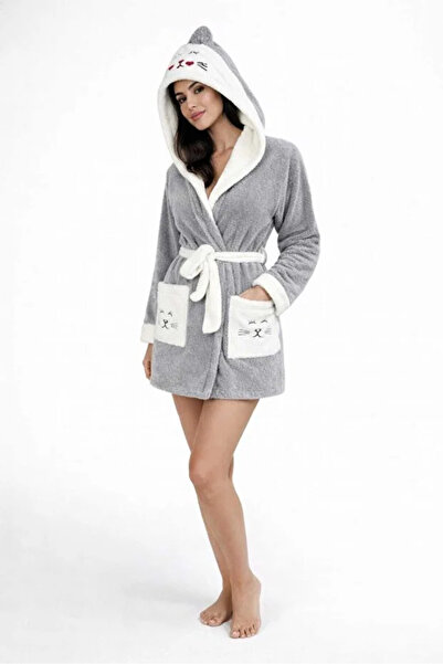 Nuran Tekstil Kedi Nakışlı Welsoft Peluş Sabahlık/Bornoz