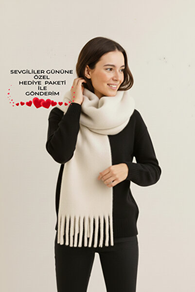 Bermody وشاح نسائي منفوش بلون أبيض فاتح ذو ملمس ناعم، شال كتف 50 × 190 سم لعي...