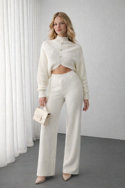MARLİNG Women's White Crop Pants Top and Bottom Knitwear Set
