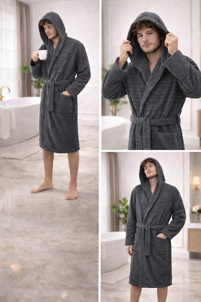 DM Velrobe Home Collectıon Battal Boy Pamuklu kapusonlu KİNG NAKIŞLI yetiskin Bornoz