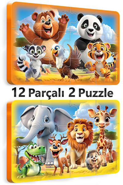 EVAKANCA 12 Parça Kalın EVA Puzzle Yapboz 2'li Yaban Hayvanları