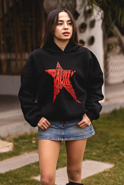 BAİA COLLECTION Siyah Travma Yıldızı Kapüşonlu Oversize Sweatshirt