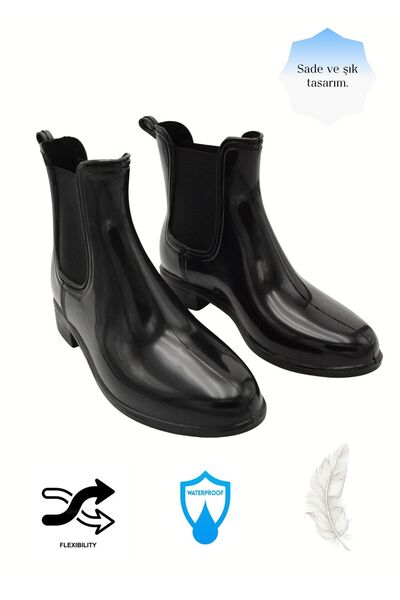 BGL Women's Waterproof Shiny Black Chelsea Rain Boots