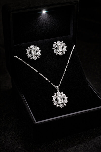 Siset Gümüş 925 Ayar Rodyum Kaplama Baget Taşlı İkili Gümüş Set