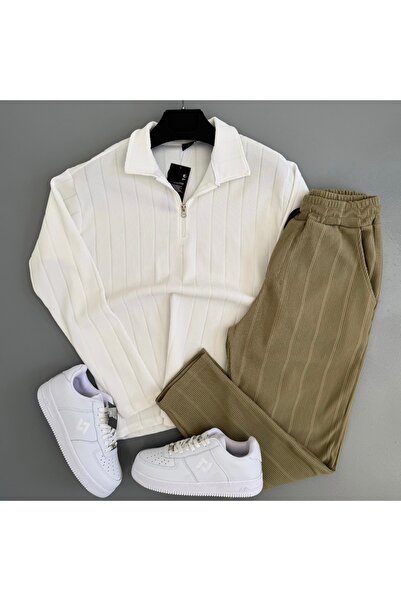 WENMİNG Men's Regular Ottoman Fabric Stripe Patterned Top and Bottom Set