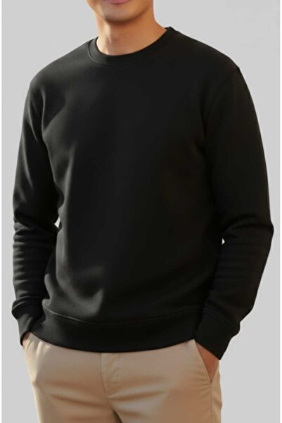 Sweatshirt 2 İplik Yumuşak Dokulu Bisiklet Yaka Siyah