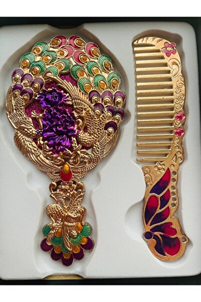 GALATA GIFT طقم مشط مرآة هدية، طاووس، معدني،