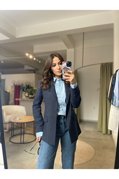 the blazer obsessed Kadın Lacivert Balıksırtı Yün Geniş Yaka Blazer Ceket