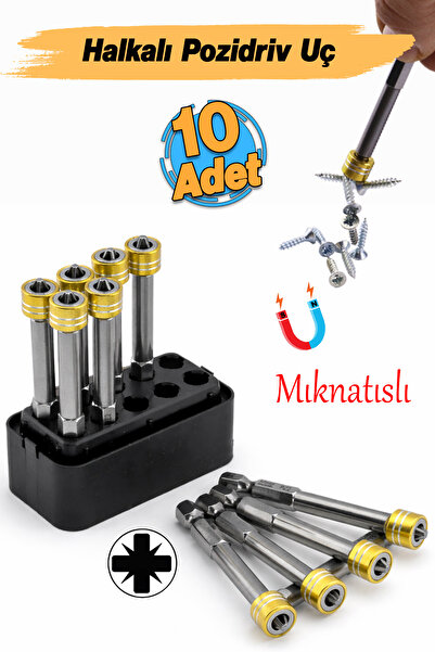 Badem10 (10 Adet) N35 Mıknatıslı Pozidriv Yıldız Bits Uç Manyetik Halka S2 Çe...