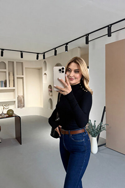 Sezgi Tekin Shoulder Button Detail Mock Neck Black Blouse