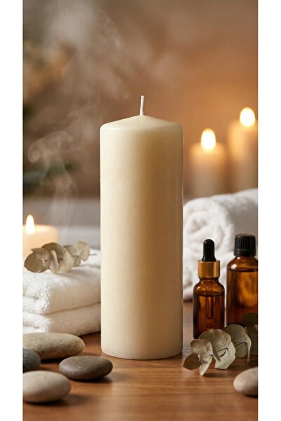 Paşa Cam Silindir Kütük Mum Krem Sandal Ağacı Genişlik 8 Cm Yükseklik - 20