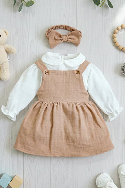 bshood X İpek Atlas Fırfırlı Müslin Bandanalı Uzun Kollu Salopetli Elbise