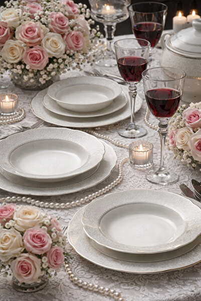 Kütahya Porselen Bone Olympos 62 Parça 1138020 Desen Platin Fileli Yemek Takımı