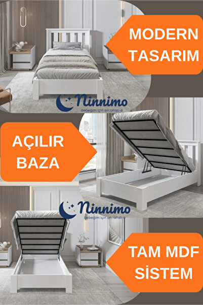 Ninnimo Altay Tek Kişilik Beyaz MDF Bazalı Karyola BAZA BAŞLIK ÇOCUK GENÇ ODASI