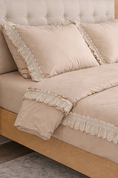 RİTMOHOME King Size Oversize Double Light Beige Frilly Scalloped Cotton Retro...
